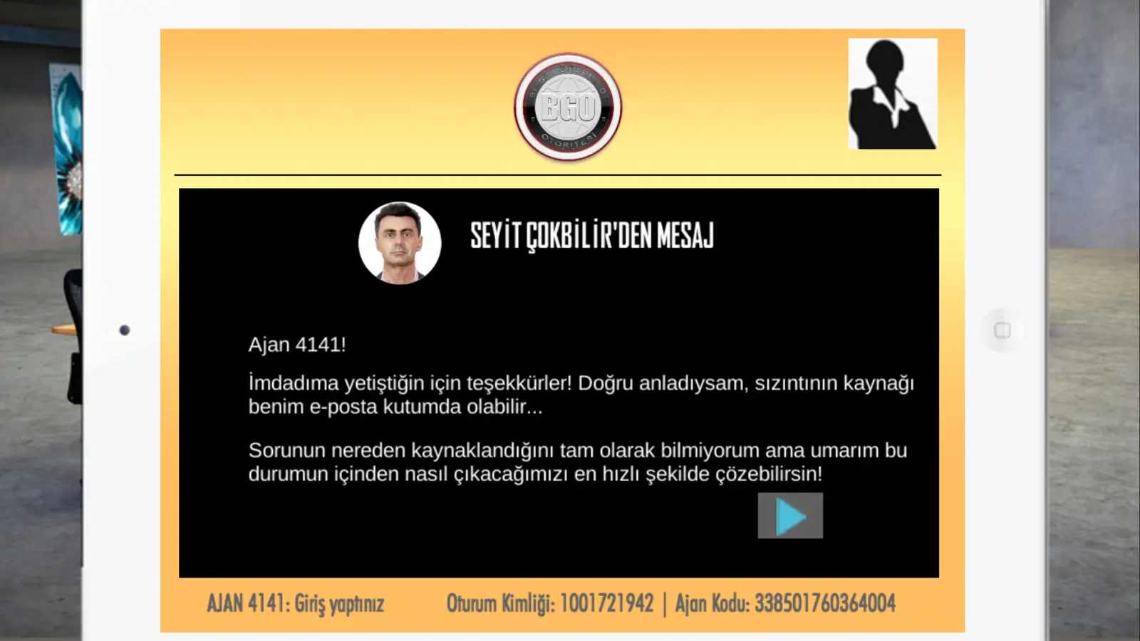 Görev başlangıcındaki mesaj ekranı