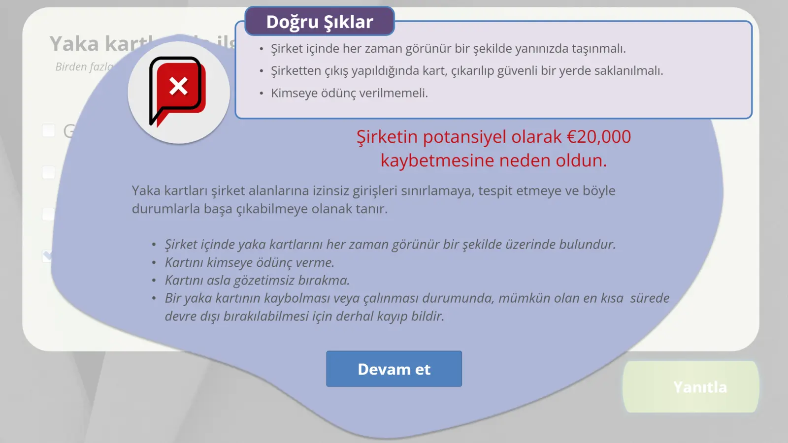 Yaka kartı sorusunun geri bildirim ekranı